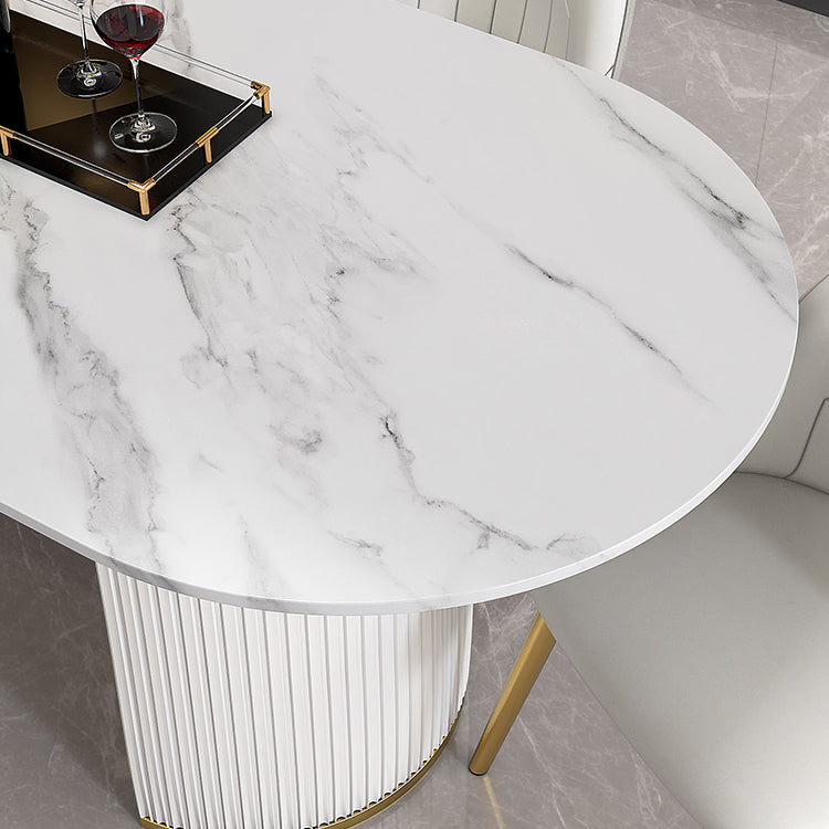 Mesa de forma de comedor de piedra sinterizada de estilo contemporáneo con base de doble pedestal