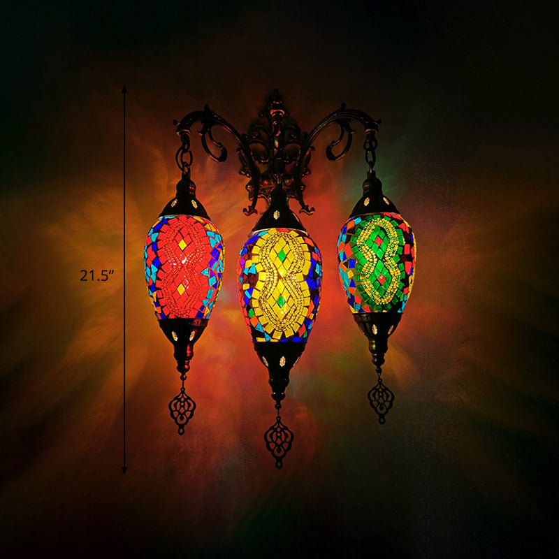 Stained Glass Yellow/Orange/Blue Wall Mount Light Oval 3 Lights Vintage Sconce Light Fixture