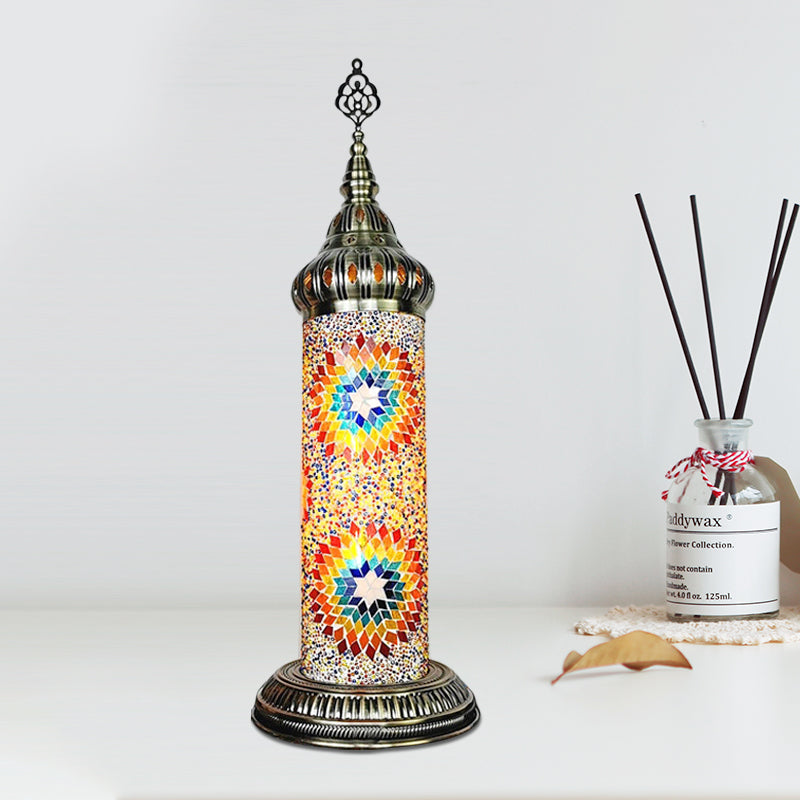 Lámpara de mesa de dormitorio de cilindro Vidroma manchado tradicional Amarillo/azul/LED de LED verde luz