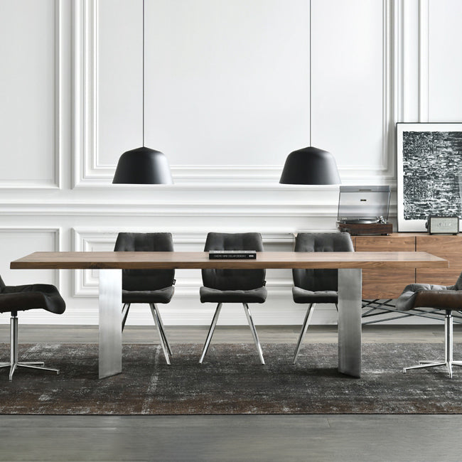 Mesa de comedor rectangular de color madera, mesa de madera maciza de lujo con pedestal doble