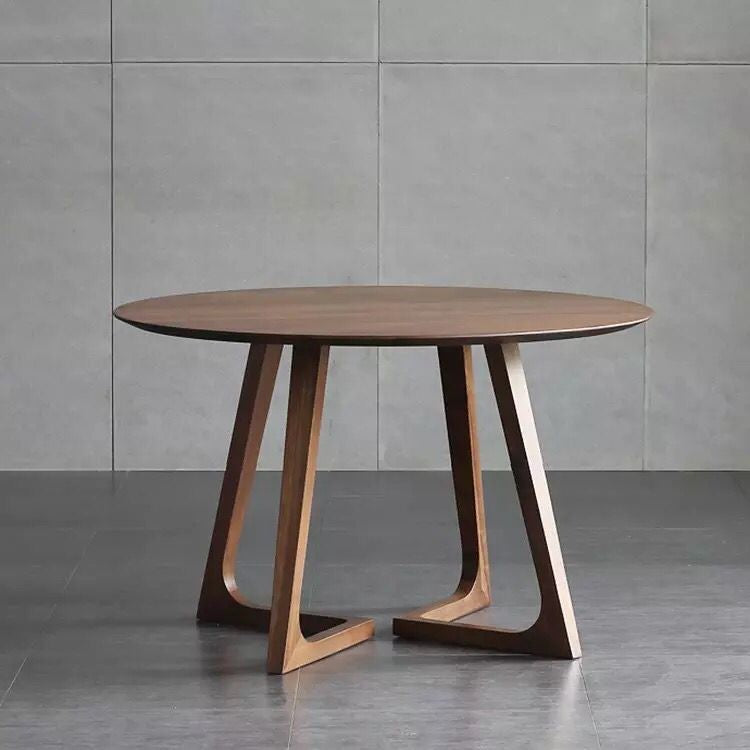 Round Shape Double Pedestal Modern Dining Table Wood Color Fixed Table with Solid Wood