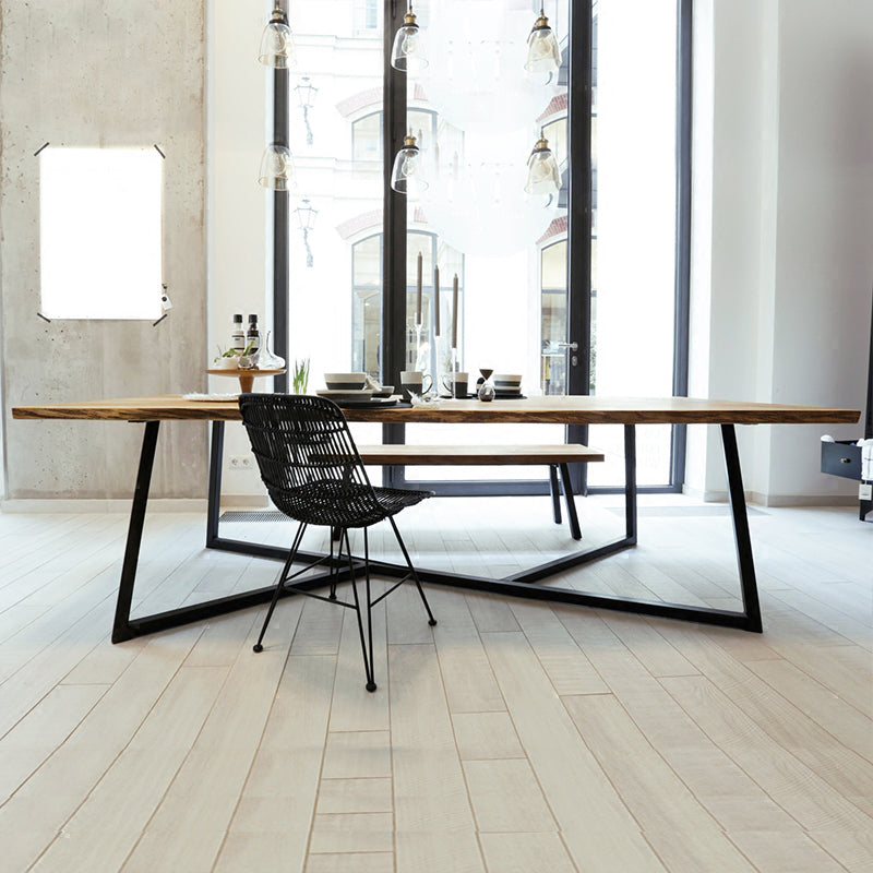 Industrieel vast hout kaki eettafel rechthoekige vorm eettafel met sleeënbasis