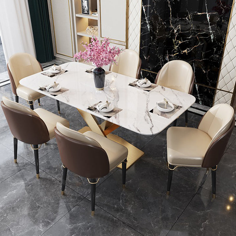 Sintered Stone Top Esstisch Rechtecktisch mit goldenem Metallpodest