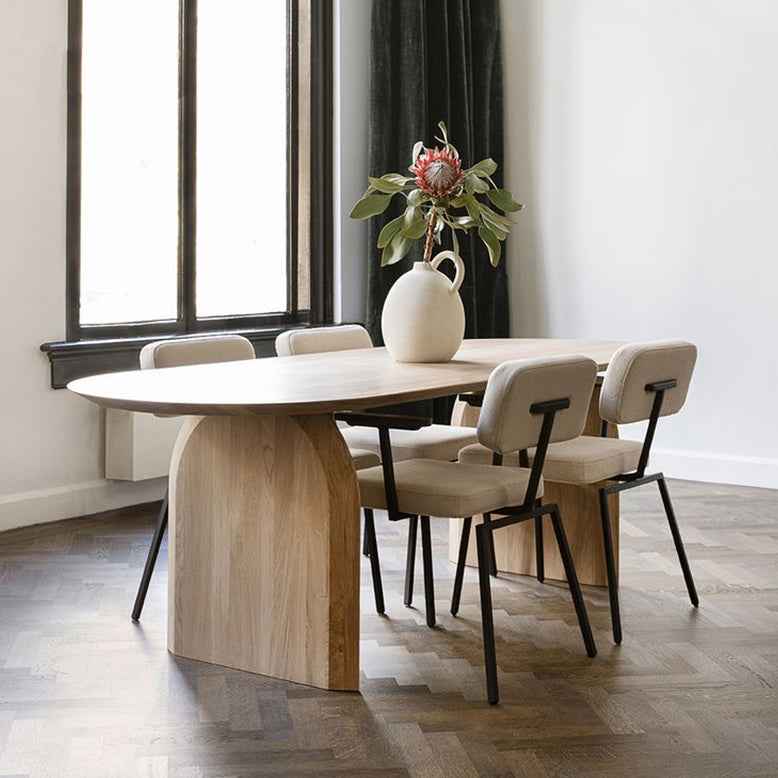 Mesa de comedor minimalista de doble pedestal oval