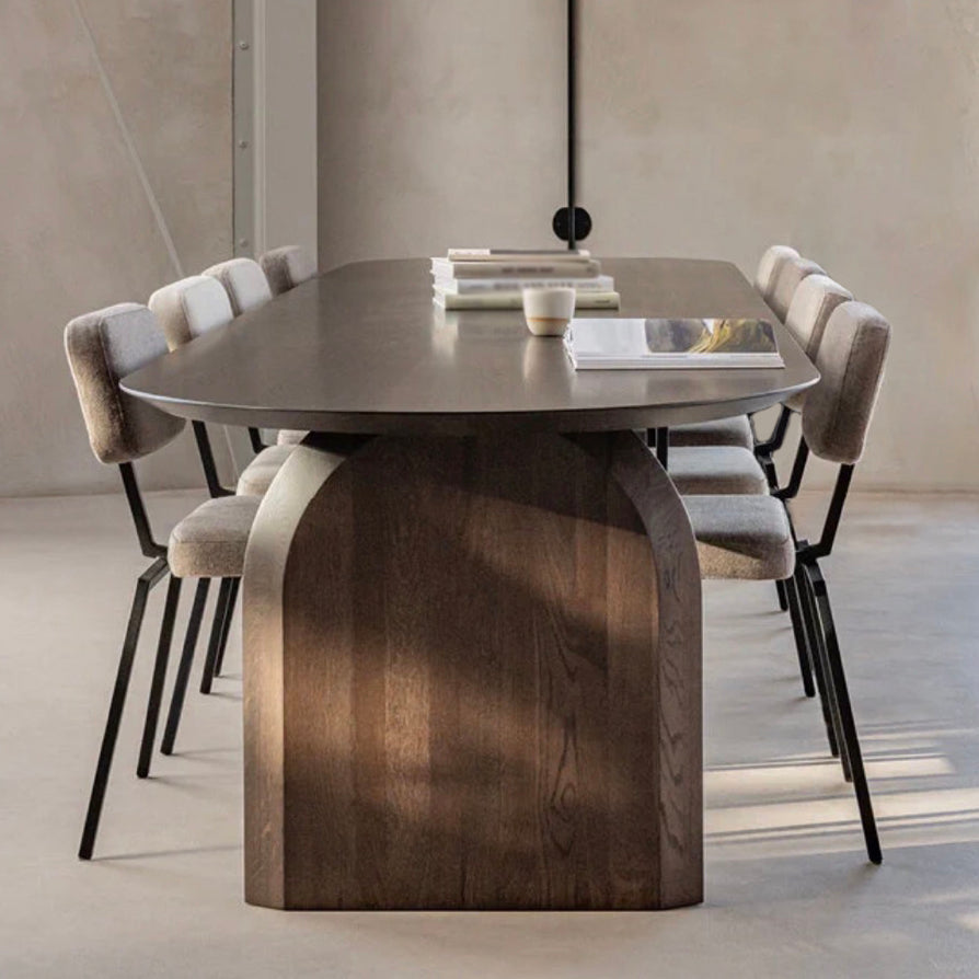 Mesa de comedor minimalista de doble pedestal oval