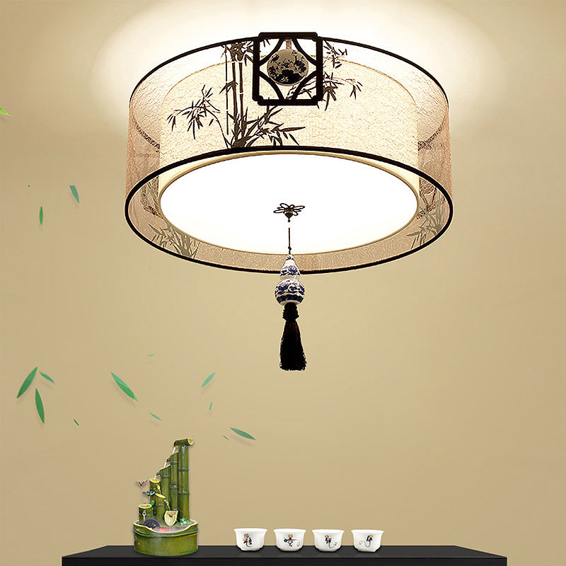 Traditional Style Fabric Shade Ceiling Light Geometry Simplicity Lighting Fixture for Living Room