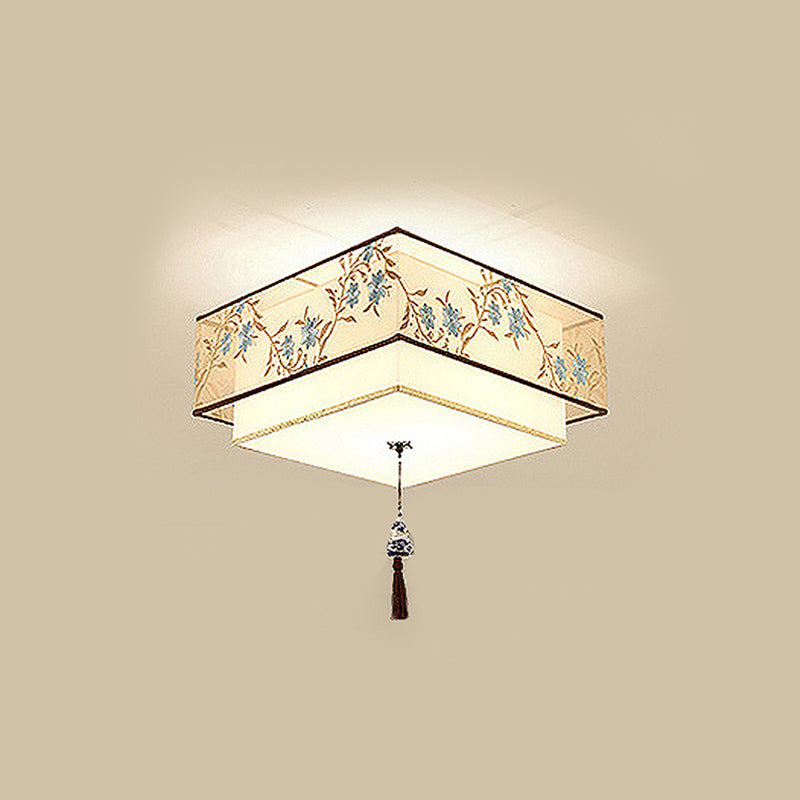 Traditional Style Fabric Shade Ceiling Light Geometry Simplicity Lighting Fixture for Living Room