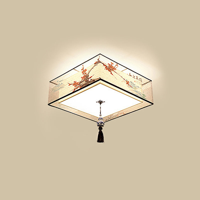 Traditional Style Fabric Shade Ceiling Light Geometry Simplicity Lighting Fixture for Living Room