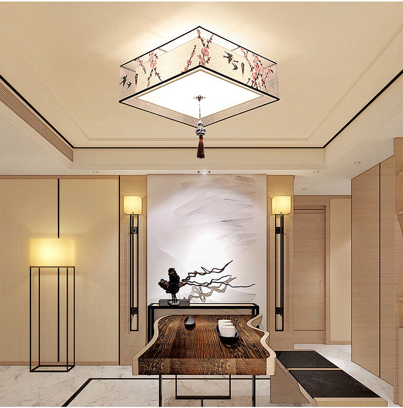 Traditional Style Fabric Shade Ceiling Light Geometry Simplicity Lighting Fixture for Living Room