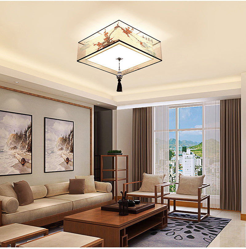 Traditional Style Fabric Shade Ceiling Light Geometry Simplicity Lighting Fixture for Living Room