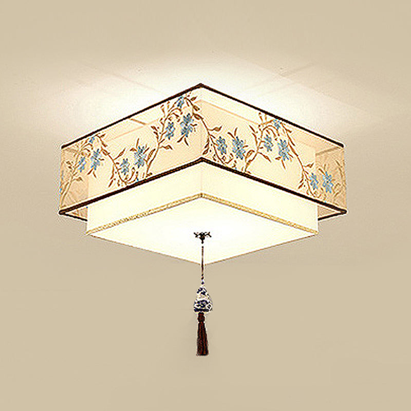 Traditional Style Fabric Shade Ceiling Light Geometry Simplicity Lighting Fixture for Living Room