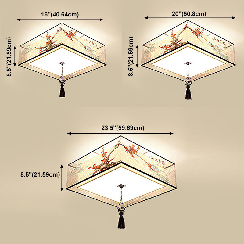 Traditional Style Fabric Shade Ceiling Light Geometry Simplicity Lighting Fixture for Living Room