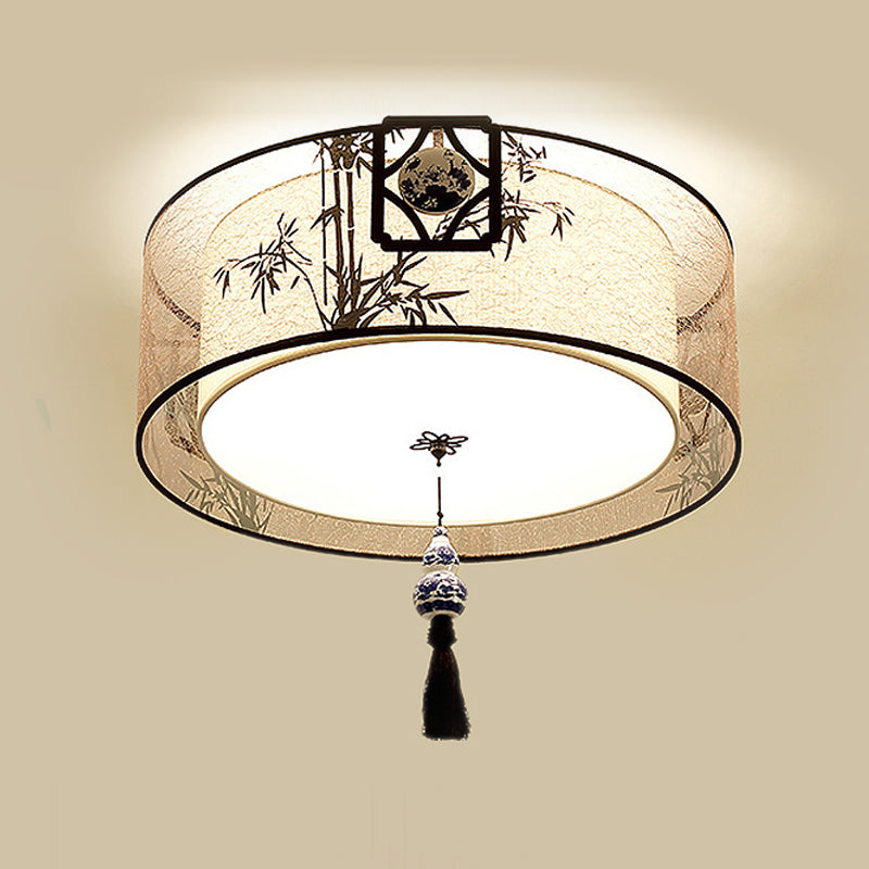 Traditional Style Fabric Shade Ceiling Light Geometry Simplicity Lighting Fixture for Living Room