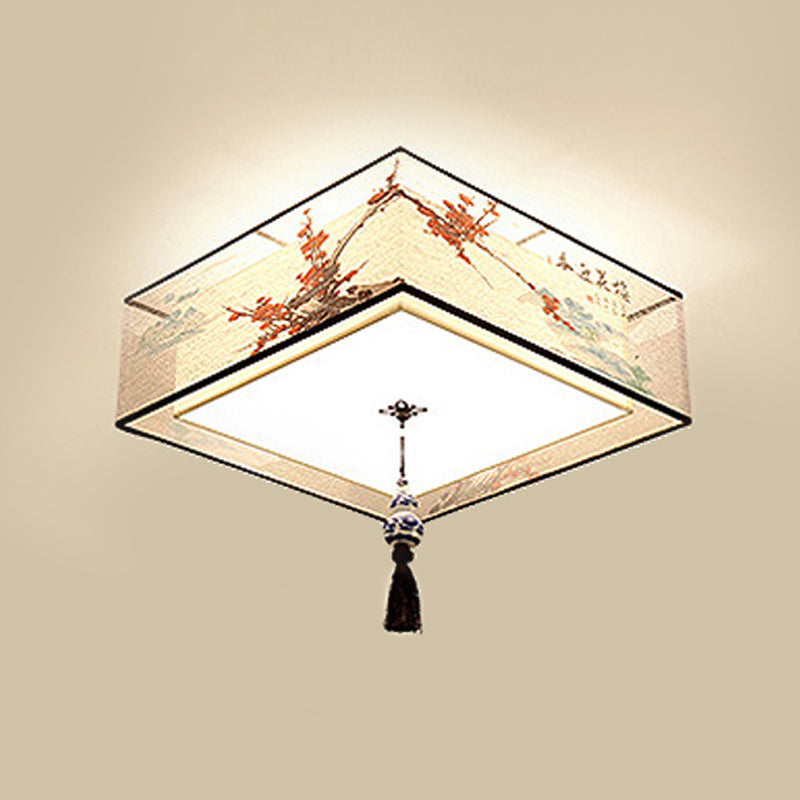 Traditional Style Fabric Shade Ceiling Light Geometry Simplicity Lighting Fixture for Living Room