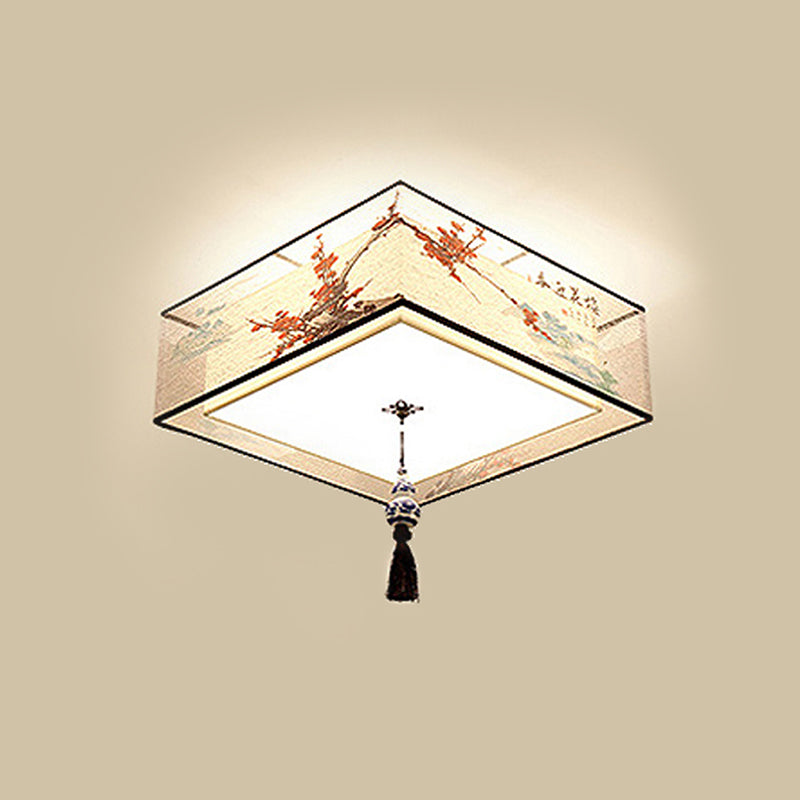 Traditional Style Fabric Shade Ceiling Light Geometry Simplicity Lighting Fixture for Living Room