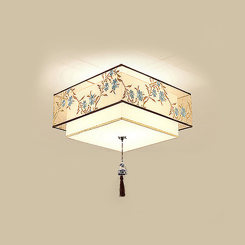 Traditional Style Fabric Shade Ceiling Light Geometry Simplicity Lighting Fixture for Living Room