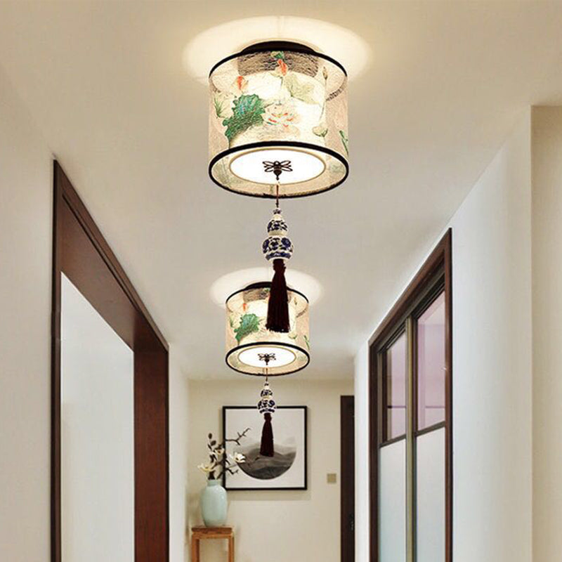 Square/Drum Shape Chinese Style Fabric Flush Mount Light Fixture for Living Room Dinning Room