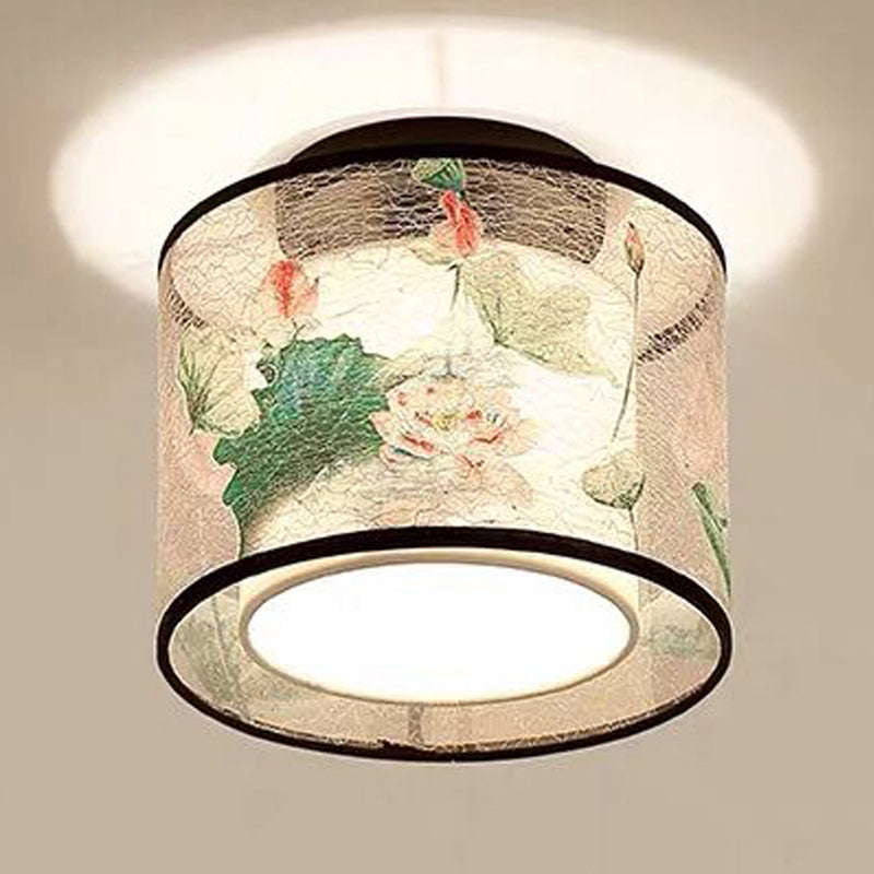 Square/Drum Shape Chinese Style Fabric Flush Mount Light Fixture for Living Room Dinning Room