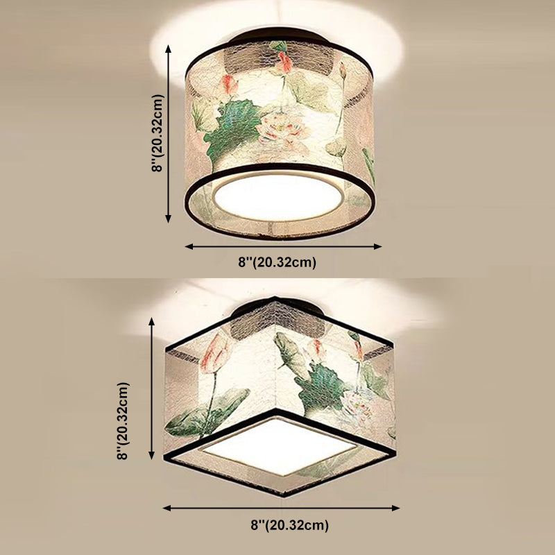 Square/Drum Shape Chinese Style Fabric Flush Mount Light Fixture for Living Room Dinning Room