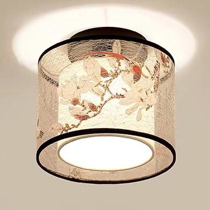 Square/Drum Shape Chinese Style Fabric Flush Mount Light Fixture for Living Room Dinning Room