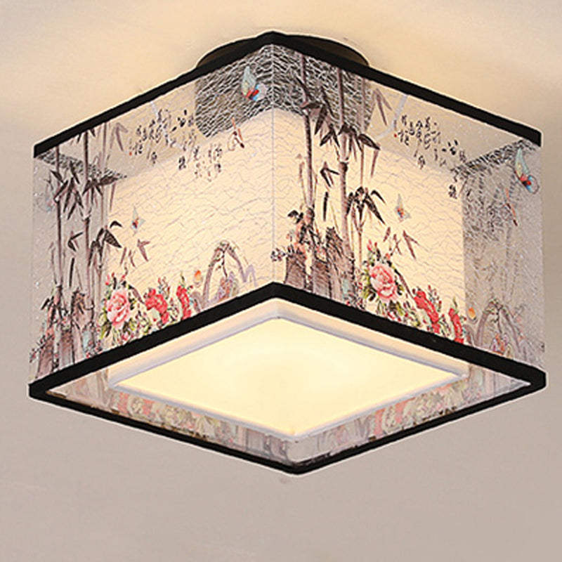 Square/Drum Shape Chinese Style Fabric Flush Mount Light Fixture for Living Room Dinning Room