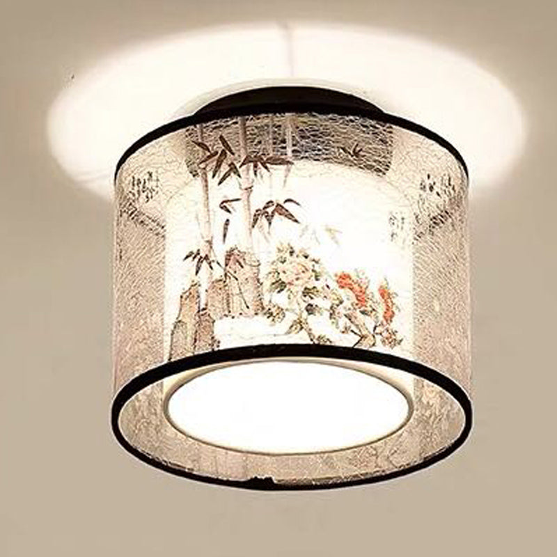 Square/Drum Shape Chinese Style Fabric Flush Mount Light Fixture for Living Room Dinning Room