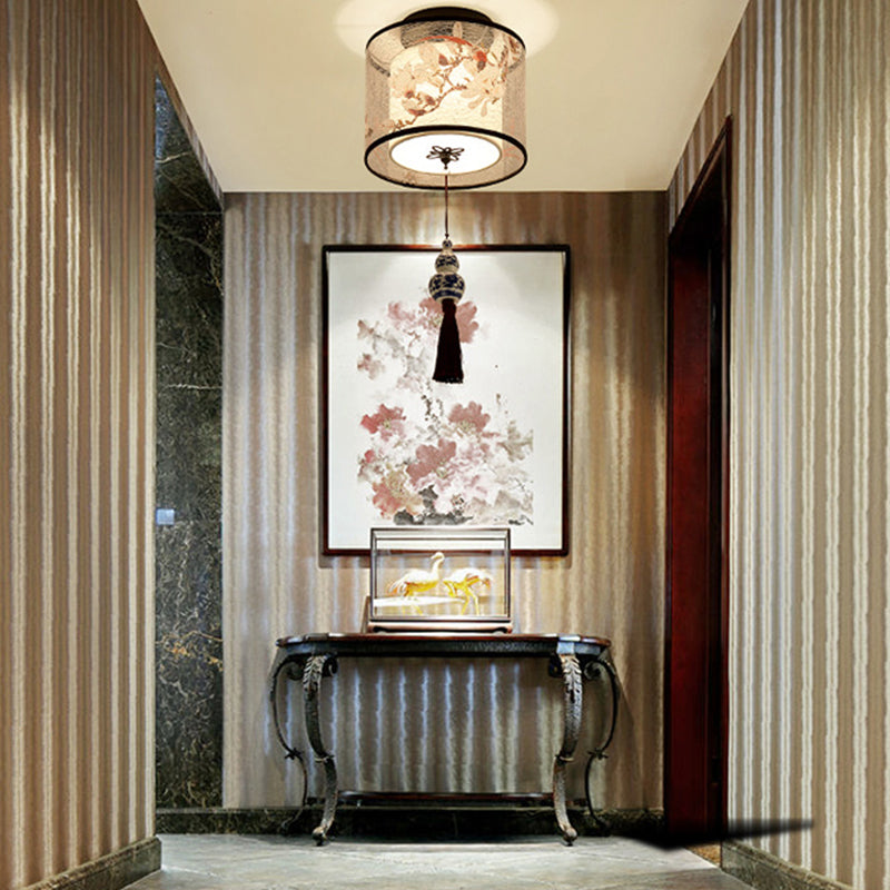 Square/Drum Shape Chinese Style Fabric Flush Mount Light Fixture for Living Room Dinning Room