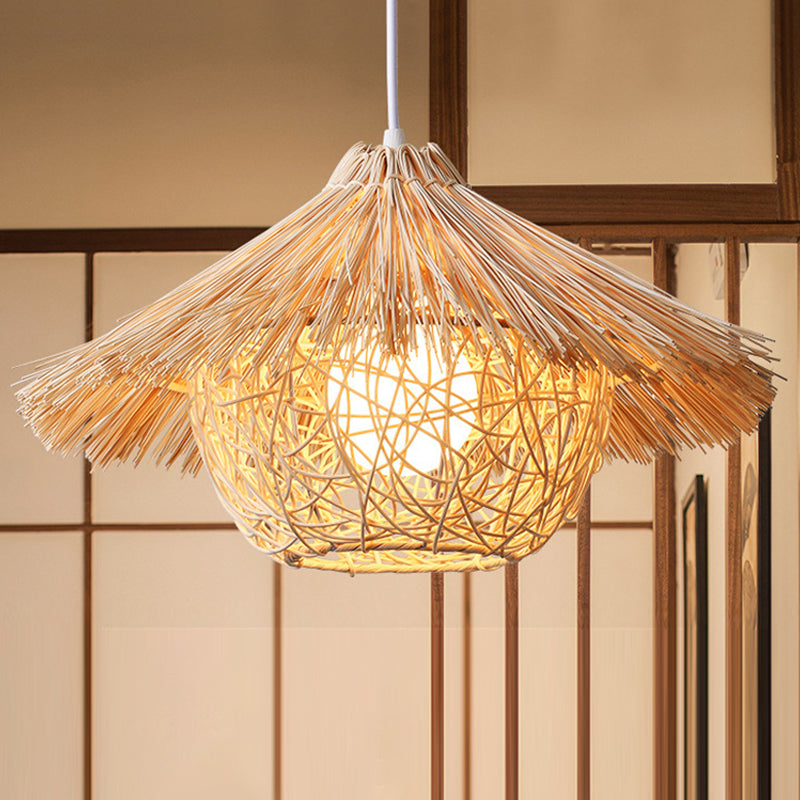 Beige Nest Suspension Pendant Light Asia-Style Rattan Pendant Light Fixture for Restaurant