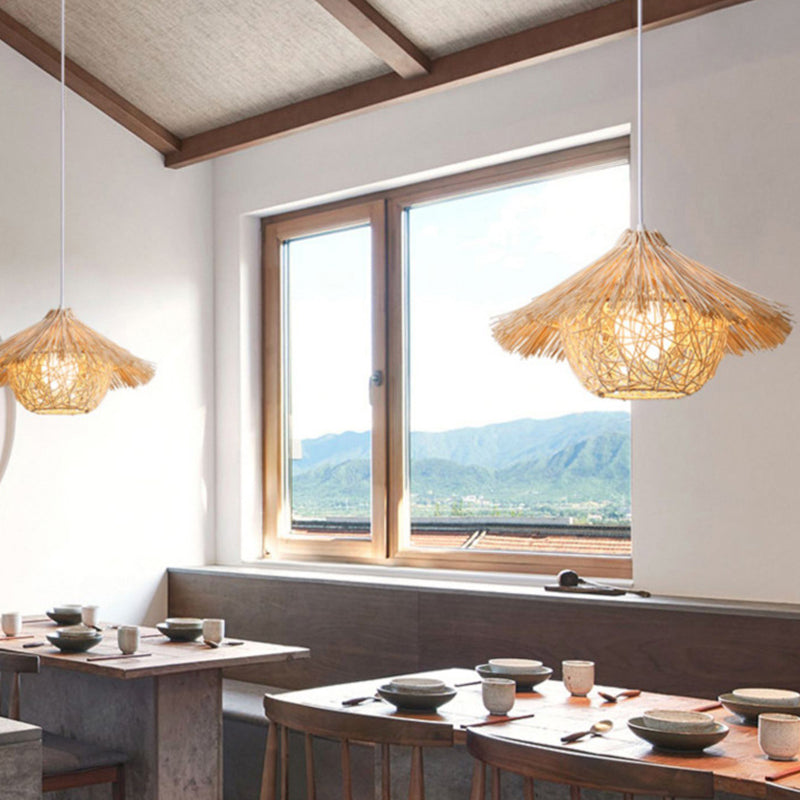Beige Nest Suspension Pendant Light Asia-Style Rattan Pendant Light Fixture for Restaurant