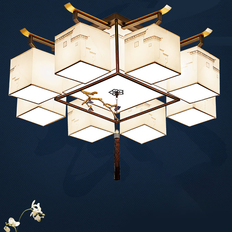 Multi-head Chinese Style Fabric Flush Mount Light Fixture for Living Room Dinning Room