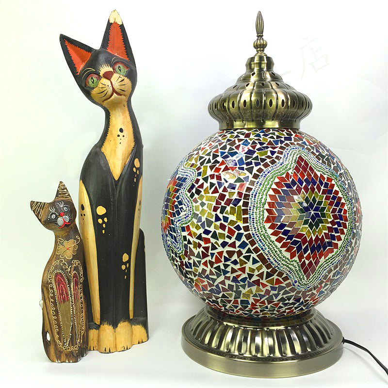 Geel/paars bol nachtlampje Vintage veelkleurig glas-in-lood 1 kop nachtkastjelamp