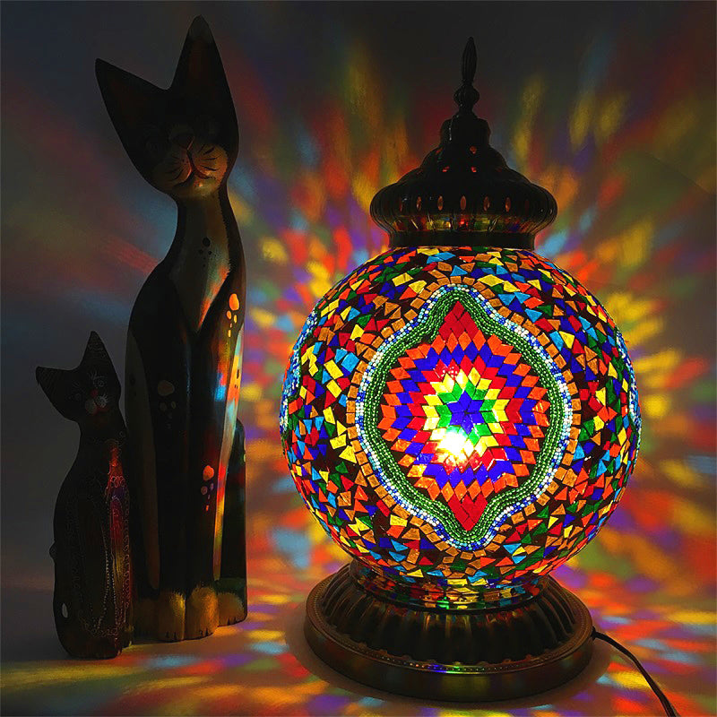 Gelb/lila Kugel-Nachtlicht, Vintage-Stil, mehrfarbiges Buntglas, 1 Kopf, Nachttischlampe