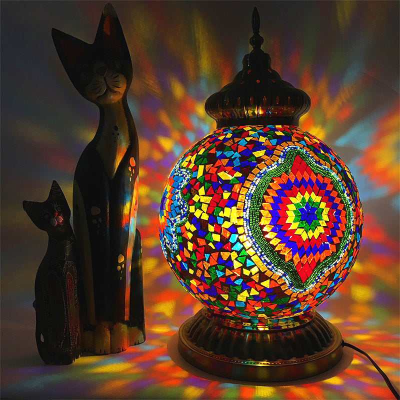 Gelb/lila Kugel-Nachtlicht, Vintage-Stil, mehrfarbiges Buntglas, 1 Kopf, Nachttischlampe