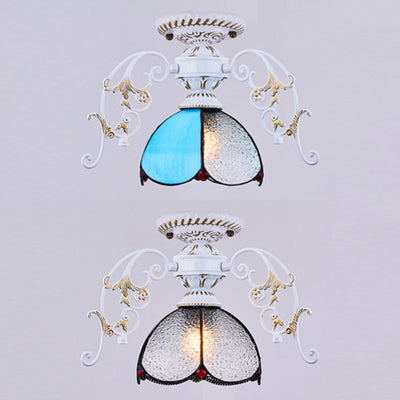 Plafonnier pétale traditionnel avec abat-jour en verre teinté, 1 diamant bleu clair/semi-encastré givré en noir/blanc