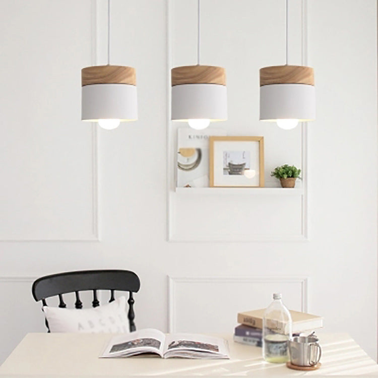 Wooden Cylindroid Pendant Light in Modern Artistic Style Iron Macaron Hanging Lamp for Dining Room