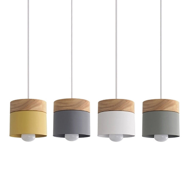 Wooden Cylindroid Pendant Light in Modern Artistic Style Iron Macaron Hanging Lamp for Dining Room