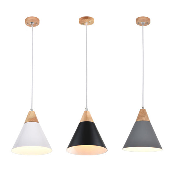 Moderne Noordse macaron hanglamp houten taps toelopende hanglamp met smeedijzeren schaduw