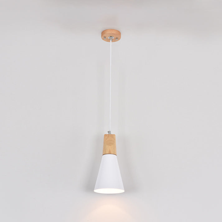 Modern Nordic Macaron Pendant Light Wooden Tapered Hanging Lamp with Wrought Iron Shade