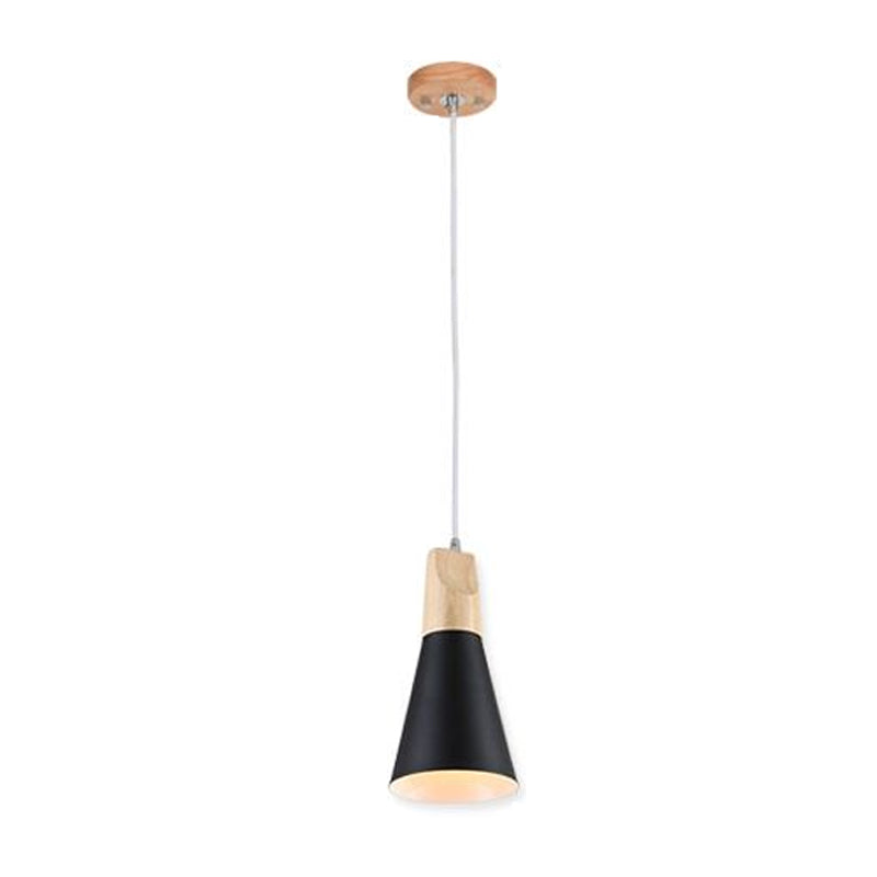 Modern Nordic Macaron Pendant Light Wooden Tapered Hanging Lamp with Wrought Iron Shade