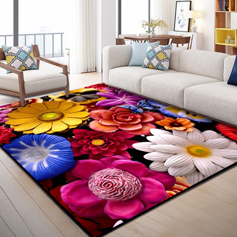 Modern Rose Flower Print Carpet Polyester Area Rug Non-Slip Backing Indoor Carpet for Living Room