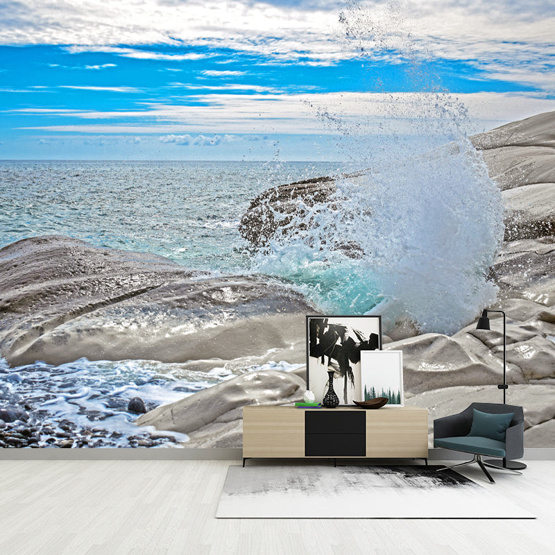 Blue Beach View Mural Wallpaper for Sitting Room, Custom Size Available