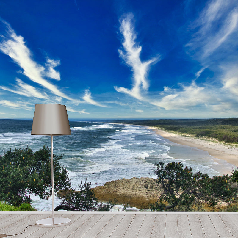 Blue Beach View Mural Wallpaper for Sitting Room, Custom Size Available