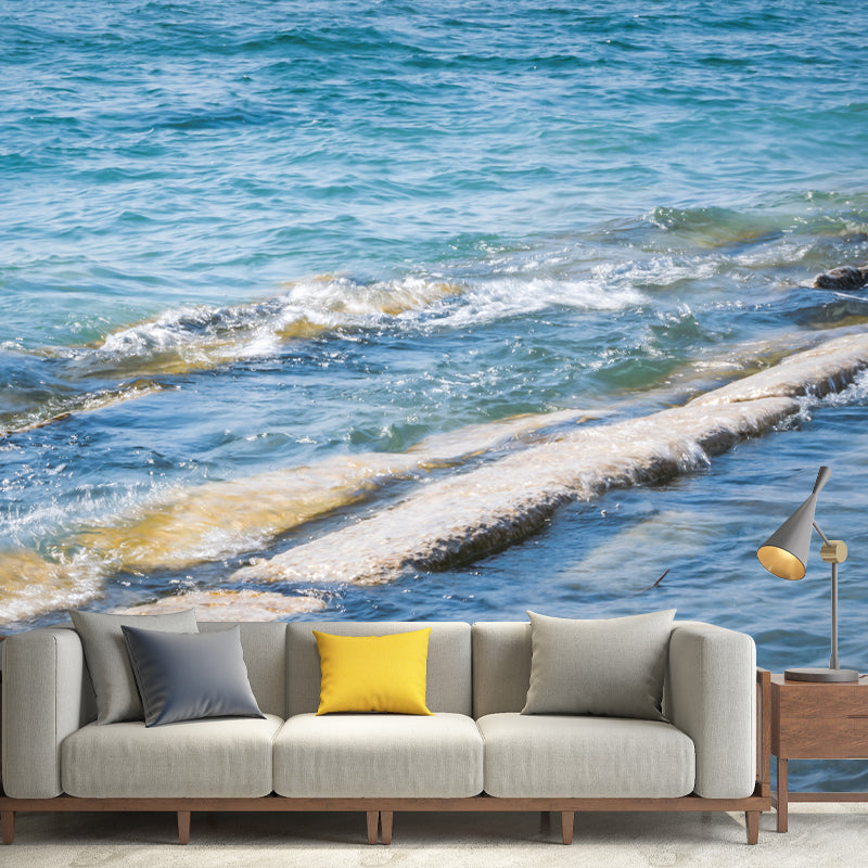 Blue Beach View Mural Wallpaper for Sitting Room, Custom Size Available