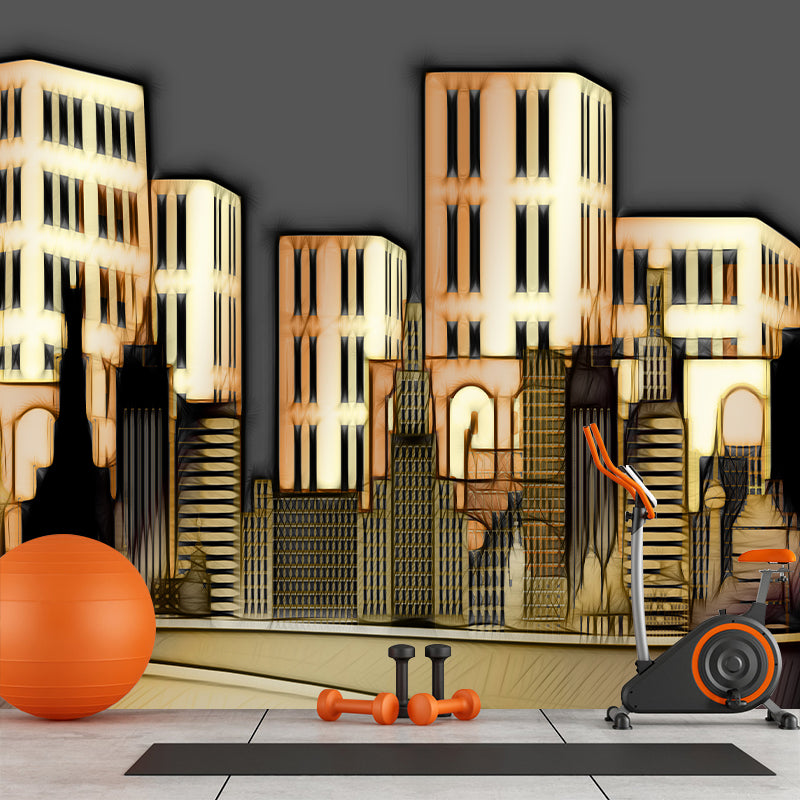 City Building Illustration Moisture Resistant Mural Wallpaper for Meeting Room