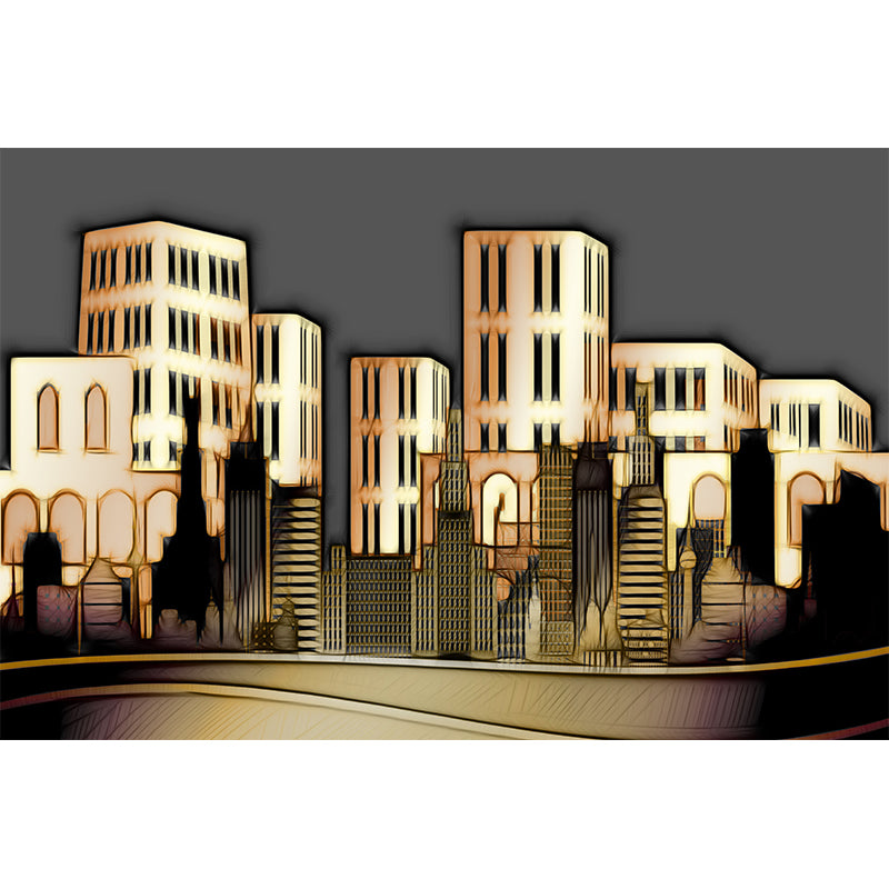 City Building Illustration Moisture Resistant Mural Wallpaper for Meeting Room