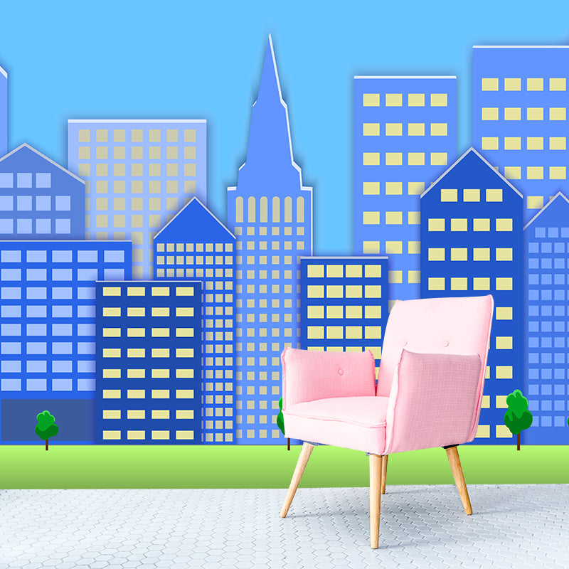 City Building Illustration Moisture Resistant Mural Wallpaper for Meeting Room