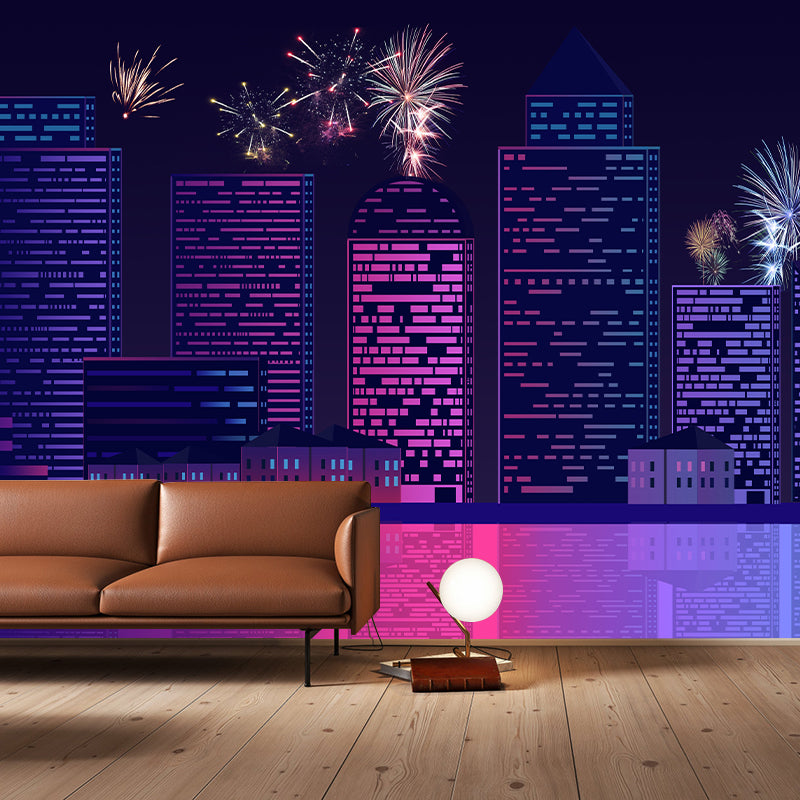 Modern City Building Illustration Wall Mural for Living Room, Custom Size Available