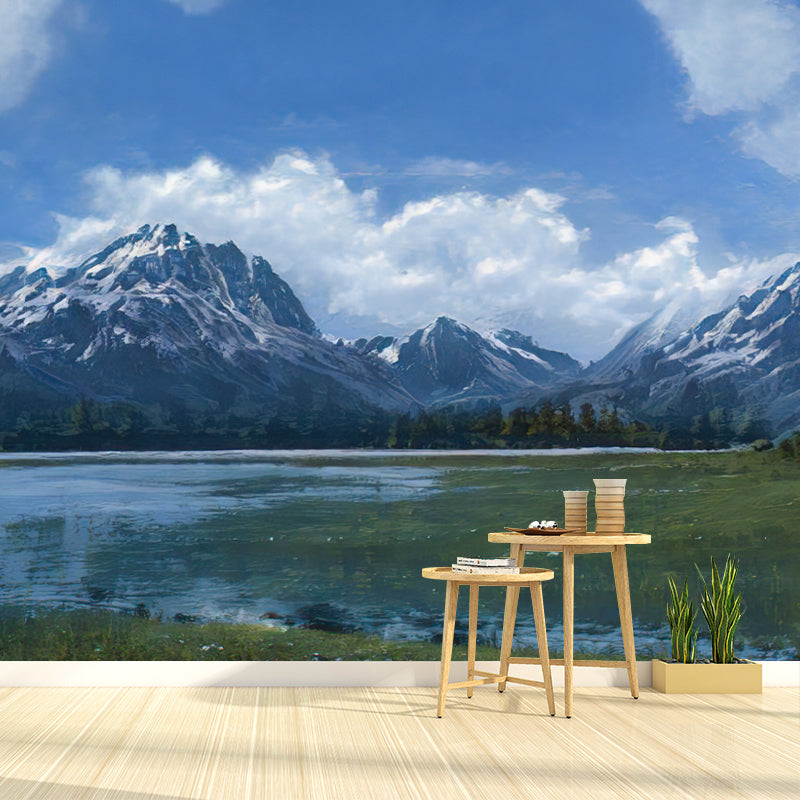 Mountain Landscape Illustration Mural Wallpaper Water-Resistant Wall Art for Sitting Room