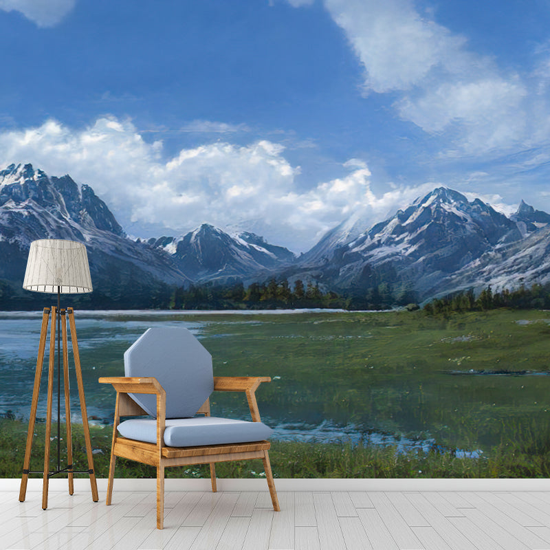 Mountain Landscape Illustration Mural Wallpaper Water-Resistant Wall Art for Sitting Room