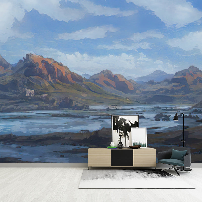 Mountain Landscape Illustration Mural Wallpaper Water-Resistant Wall Art for Sitting Room